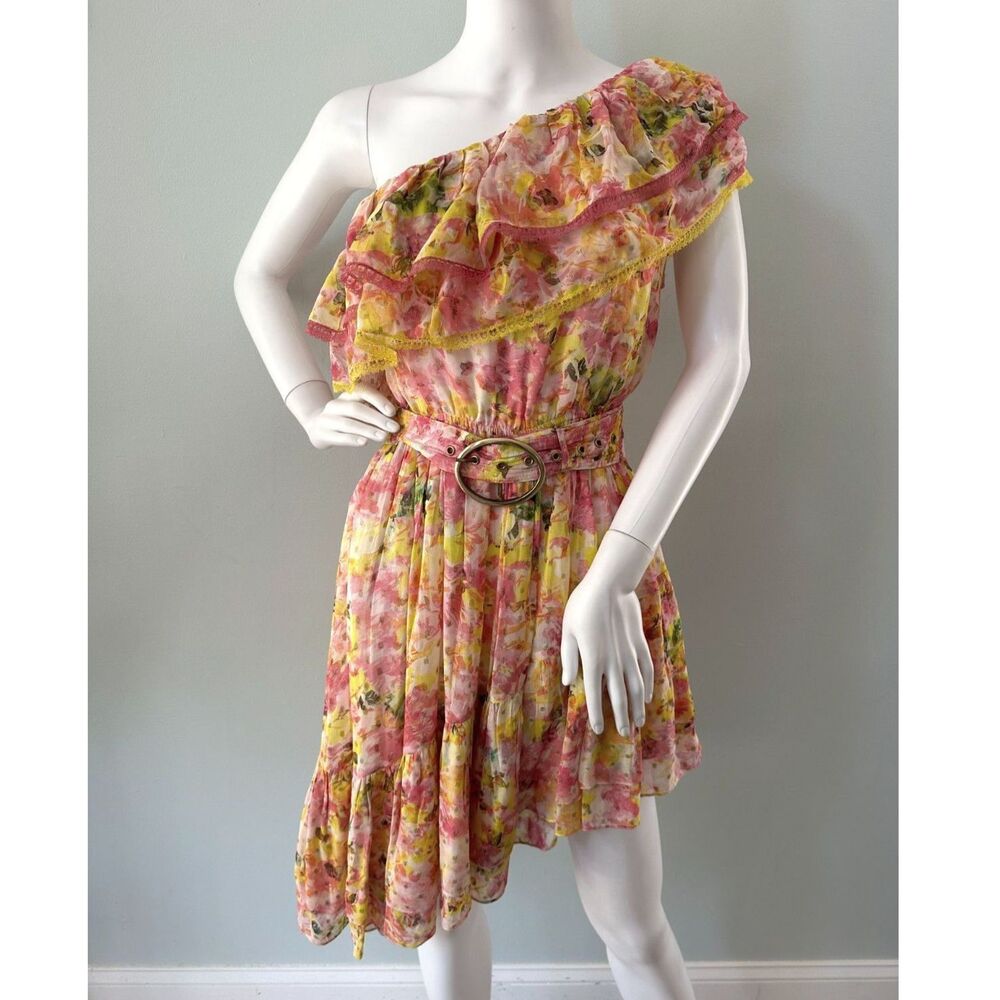Rococo Sand One Shoulder Mini Dress S Yellow Pink Floral Asymmetrical Ruffle